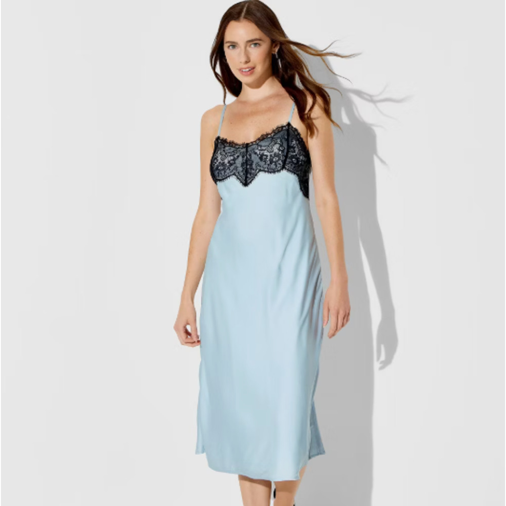 Blue Lace Trim Satin Slip Midi Sz Medium A-Line Dress - Wild Fable